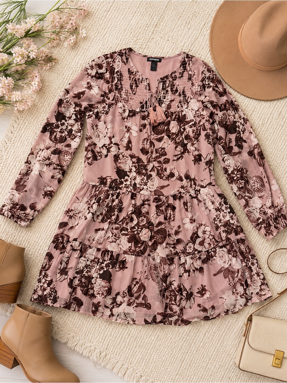 Express Mauve Floral Tiered Dress Size 6 Boho Romantic Long Sleeve Mini Dress